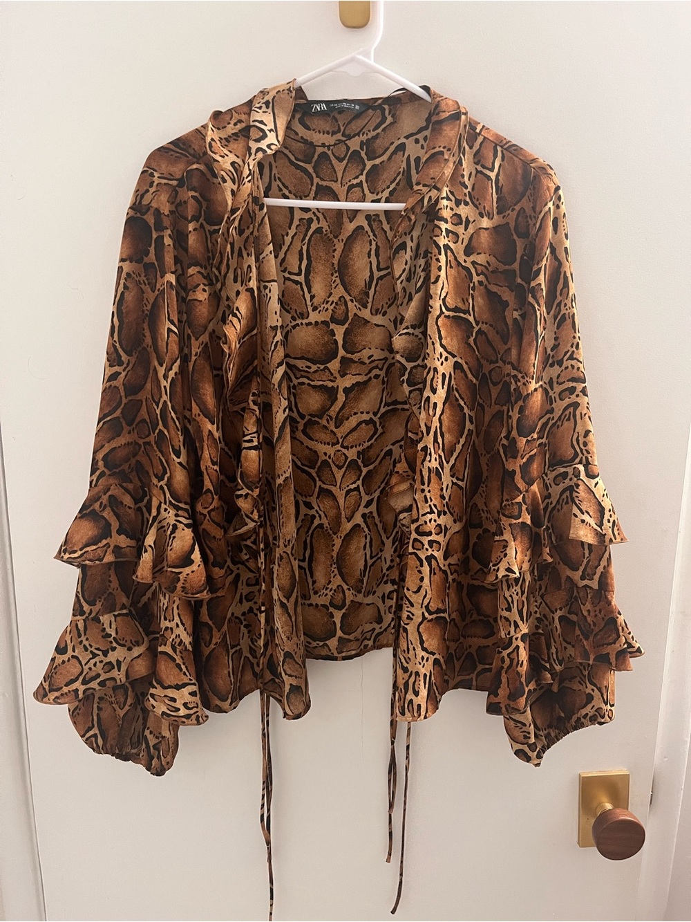Zara Brown Animal Print Ruffle Kimono tie Top Blouse